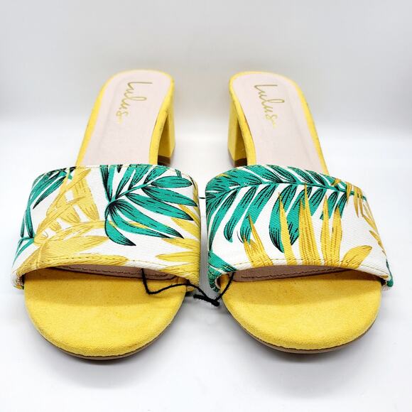 Lulus Jax Yellow Multi Print Vegan Suede Mules Sz 6.5 - Picture 4 of 11
